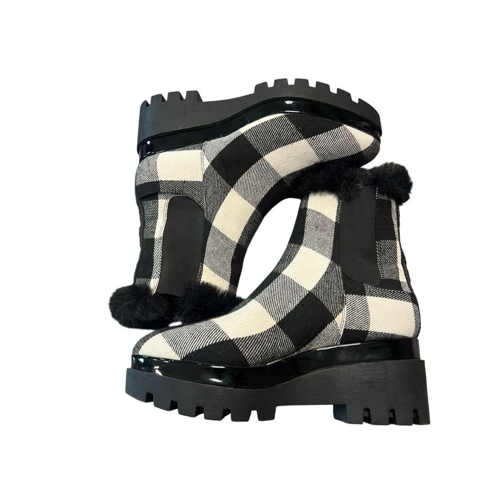 DKNY 9 Bax wedge booties black white buffalo check plaid thick black lug sole